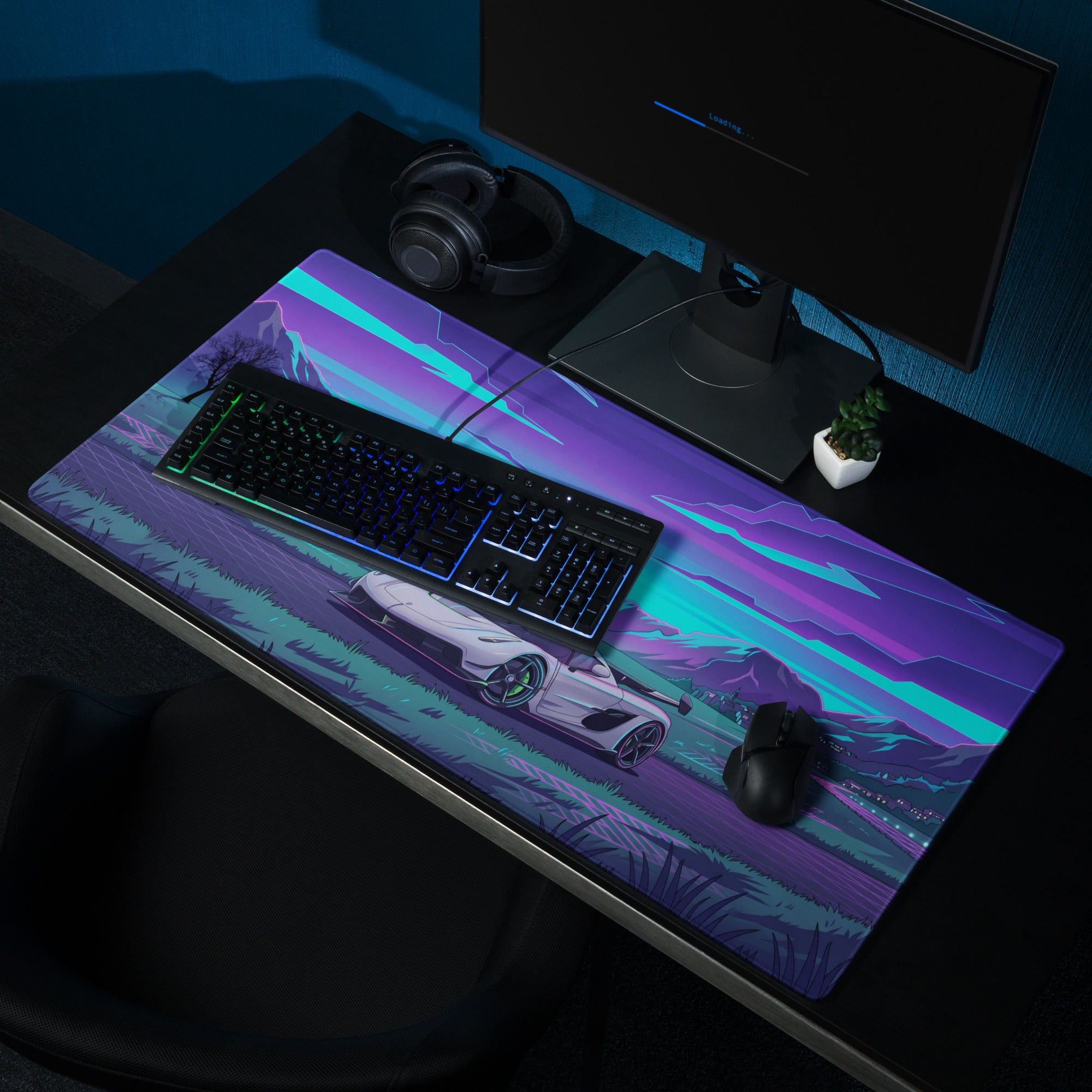 Koenigsegg Jesko Attack Inspired White Cyan Vaporwave Gaming Mouse Pad – Neon Mountain Road Desk Mat, Retro Futuristic Hypercar Digital Artwork
