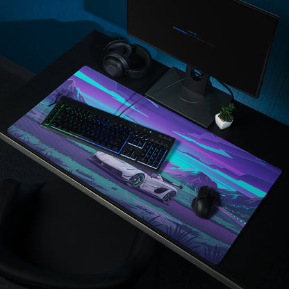 Koenigsegg Jesko Attack Inspired White Cyan Vaporwave Gaming Mouse Pad – Neon Mountain Road Desk Mat, Retro Futuristic Hypercar Digital Artwork