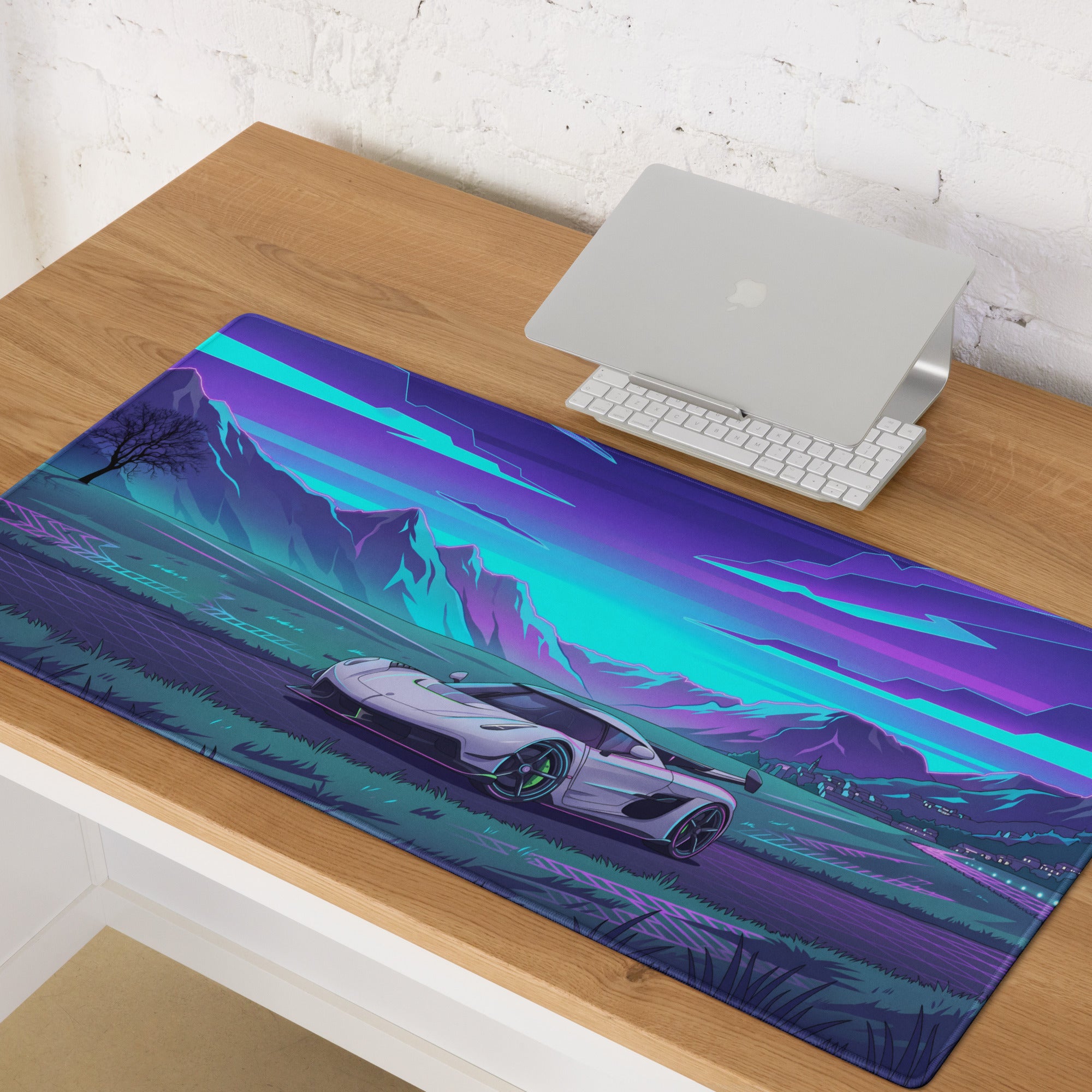Koenigsegg Jesko Attack Inspired White Cyan Vaporwave Gaming Mouse Pad – Neon Mountain Road Desk Mat, Retro Futuristic Hypercar Digital Artwork
