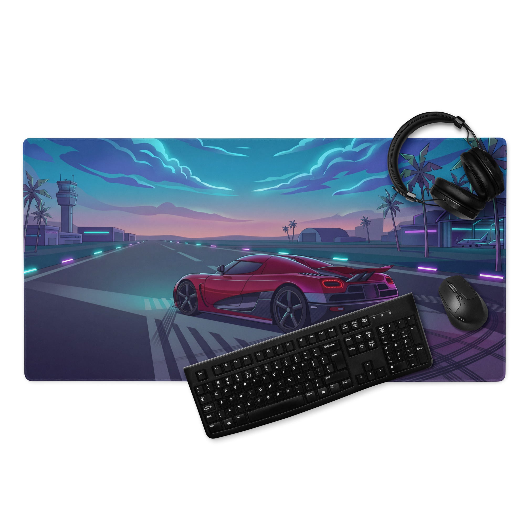 Koenigsegg Agera Inspired Red Cyan Vaporwave Gaming Mouse Pad – Neon Airport Runway Desk Mat, Retro Futuristic Hypercar Digital Artwork