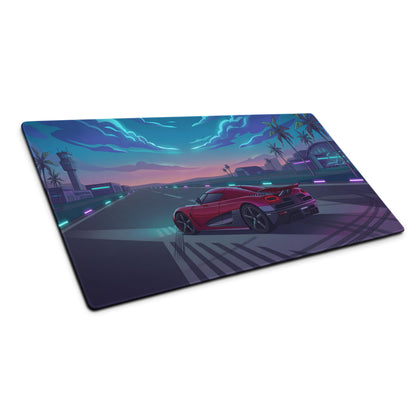 Koenigsegg Agera Inspired Red Cyan Vaporwave Gaming Mouse Pad – Neon Airport Runway Desk Mat, Retro Futuristic Hypercar Digital Artwork