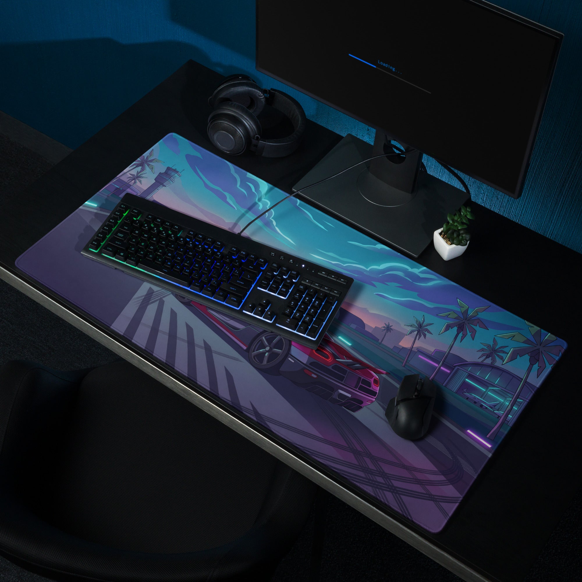 Koenigsegg Agera Inspired Red Cyan Vaporwave Gaming Mouse Pad – Neon Airport Runway Desk Mat, Retro Futuristic Hypercar Digital Artwork