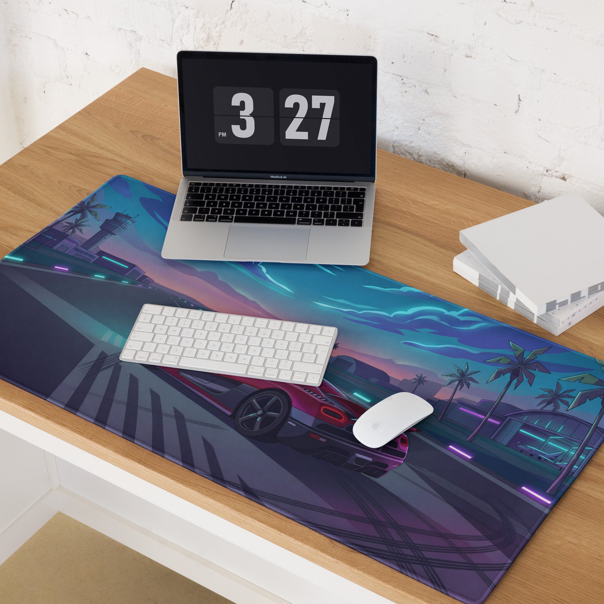 Koenigsegg Agera Inspired Red Cyan Vaporwave Gaming Mouse Pad – Neon Airport Runway Desk Mat, Retro Futuristic Hypercar Digital Artwork
