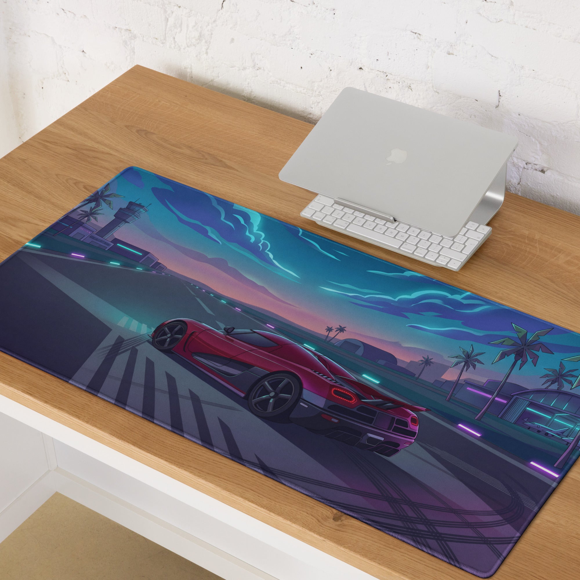 Koenigsegg Agera Inspired Red Cyan Vaporwave Gaming Mouse Pad – Neon Airport Runway Desk Mat, Retro Futuristic Hypercar Digital Artwork