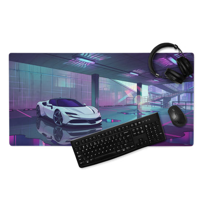Ferrari SF90 Stradale Inspired White Purple Vaporwave Gaming Mouse Pad – Neon Parking Garage Desk Mat, Futuristic Synthwave Supercar Digital Artwork