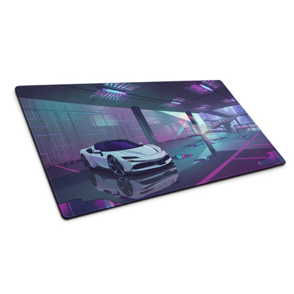 Ferrari SF90 Stradale Inspired White Purple Vaporwave Gaming Mouse Pad – Neon Parking Garage Desk Mat, Futuristic Synthwave Supercar Digital Artwork