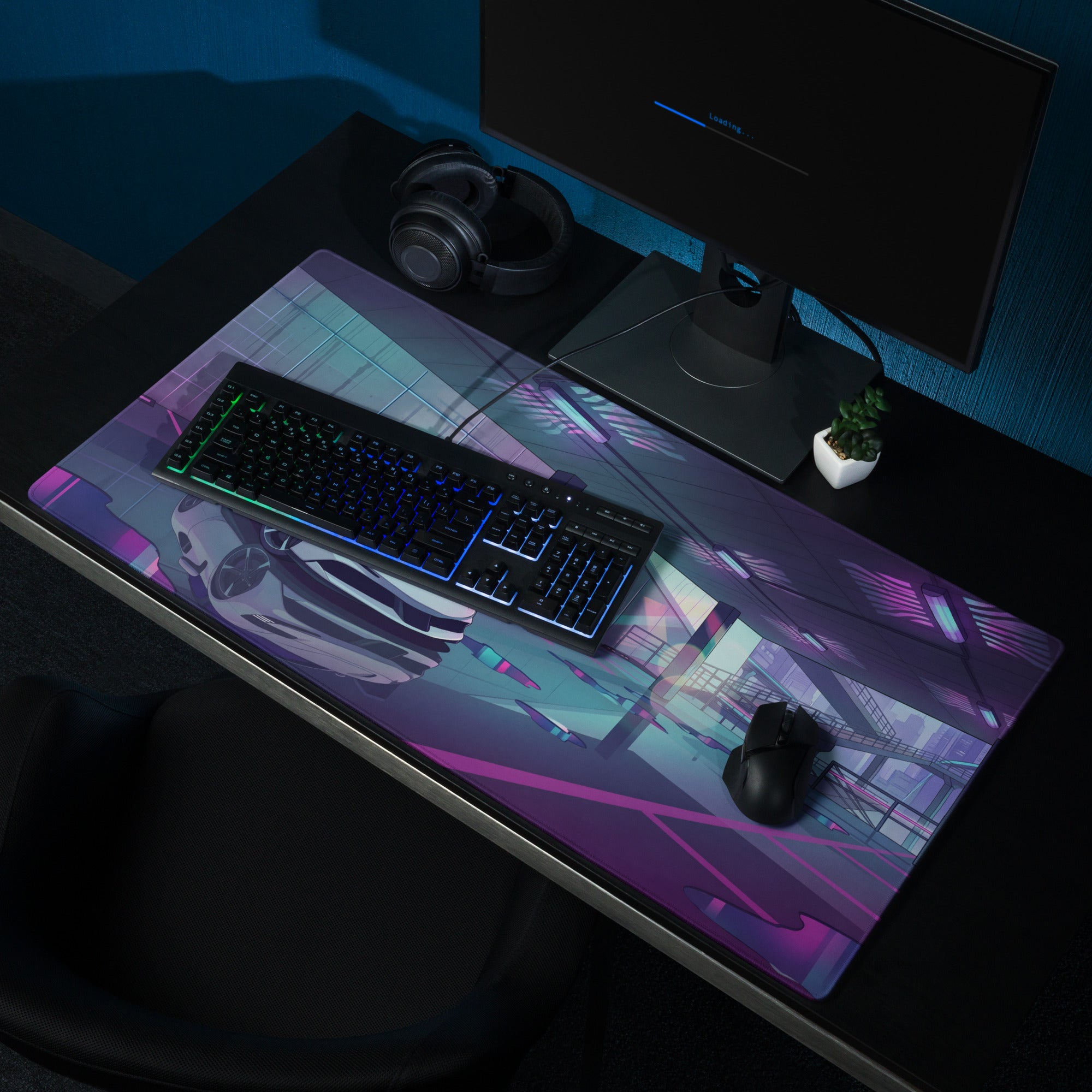 Ferrari SF90 Stradale Inspired White Purple Vaporwave Gaming Mouse Pad – Neon Parking Garage Desk Mat, Futuristic Synthwave Supercar Digital Artwork