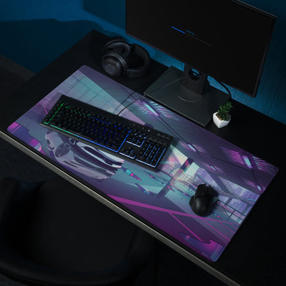 Ferrari SF90 Stradale Inspired White Purple Vaporwave Gaming Mouse Pad – Neon Parking Garage Desk Mat, Futuristic Synthwave Supercar Digital Artwork