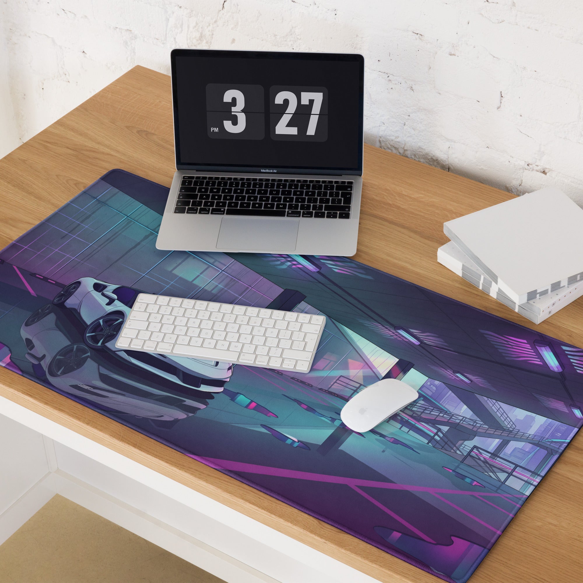 Ferrari SF90 Stradale Inspired White Purple Vaporwave Gaming Mouse Pad – Neon Parking Garage Desk Mat, Futuristic Synthwave Supercar Digital Artwork