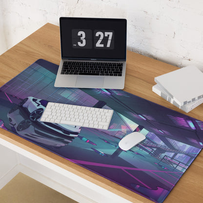 Ferrari SF90 Stradale Inspired White Purple Vaporwave Gaming Mouse Pad – Neon Parking Garage Desk Mat, Futuristic Synthwave Supercar Digital Artwork