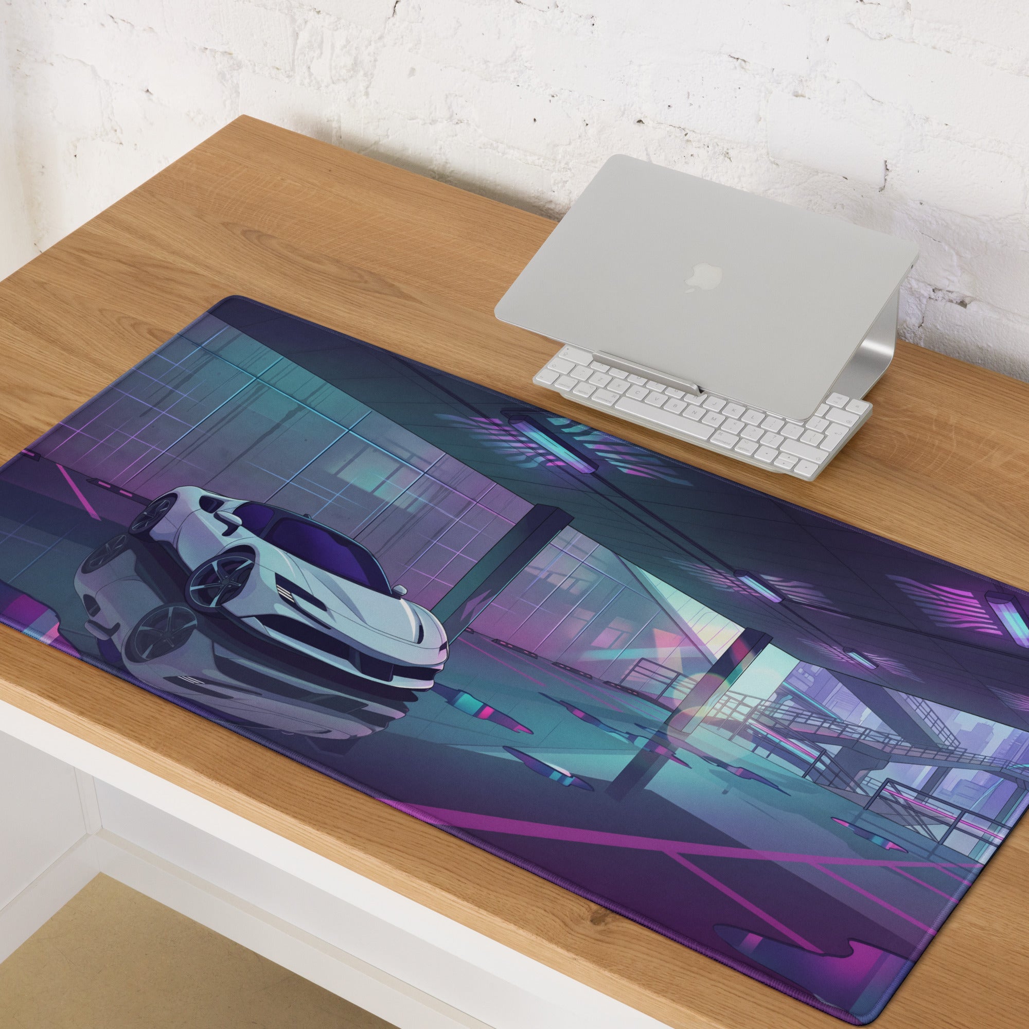 Ferrari SF90 Stradale Inspired White Purple Vaporwave Gaming Mouse Pad – Neon Parking Garage Desk Mat, Futuristic Synthwave Supercar Digital Artwork