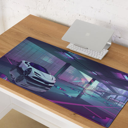Ferrari SF90 Stradale Inspired White Purple Vaporwave Gaming Mouse Pad – Neon Parking Garage Desk Mat, Futuristic Synthwave Supercar Digital Artwork