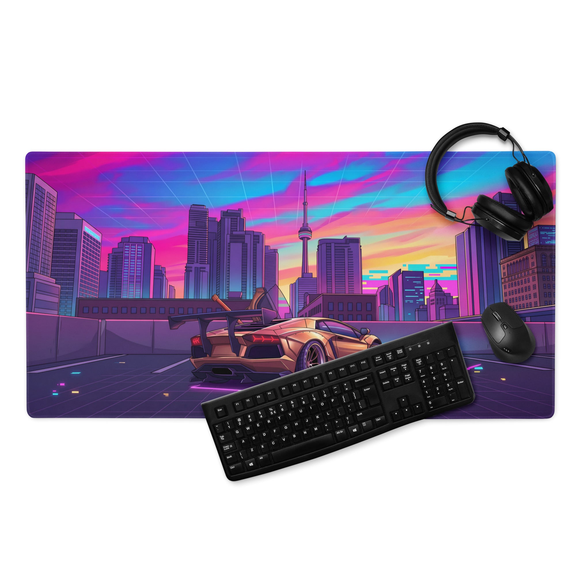 Lamborghini Aventador Widebody Inspired Bronze Vaporwave Gaming Mouse Pad – Neon Toronto Skyline Desk Mat, Retro Futuristic Synthwave Supercar Art