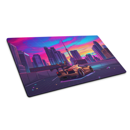 Lamborghini Aventador Widebody Inspired Bronze Vaporwave Gaming Mouse Pad – Neon Toronto Skyline Desk Mat, Retro Futuristic Synthwave Supercar Art