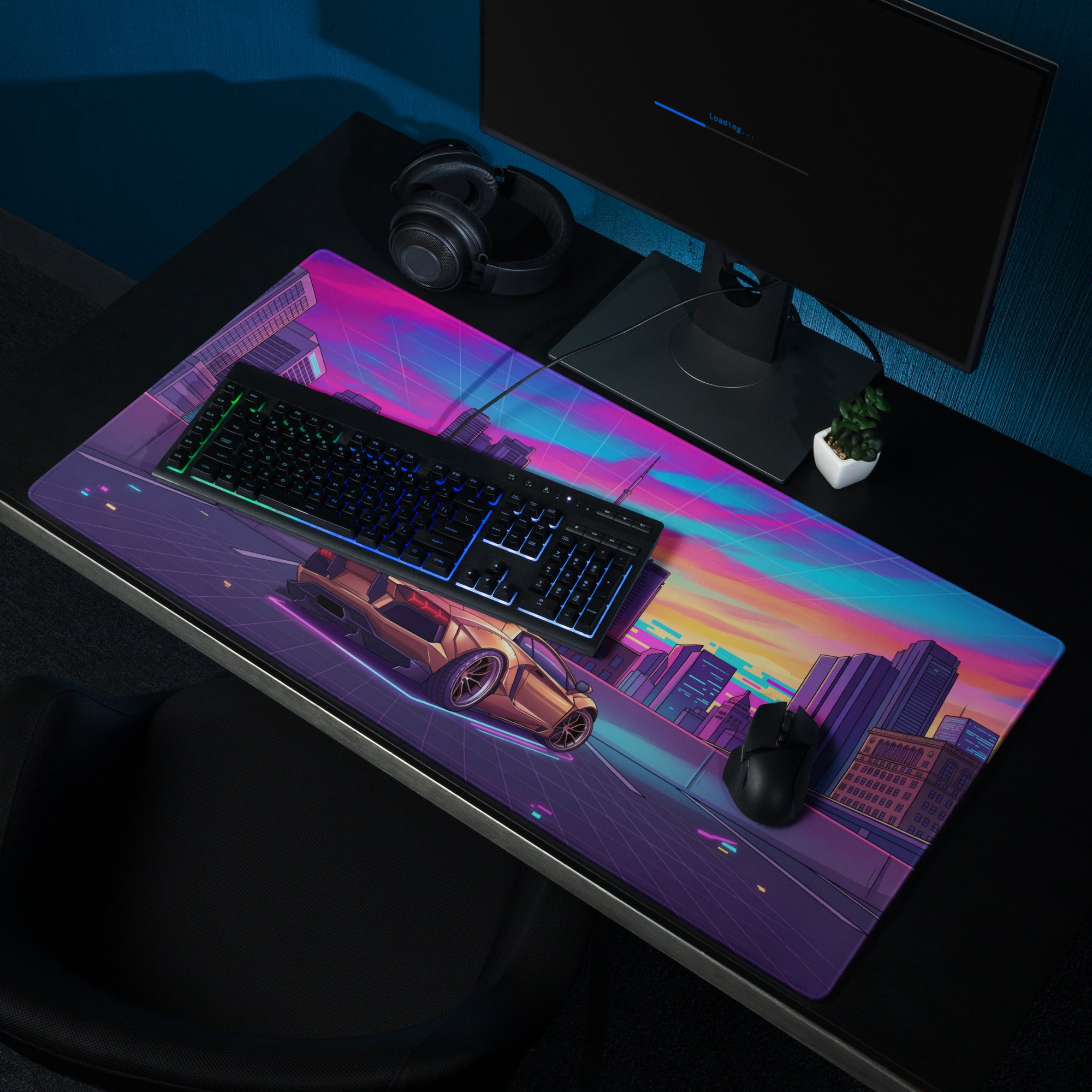 Lamborghini Aventador Widebody Inspired Bronze Vaporwave Gaming Mouse Pad – Neon Toronto Skyline Desk Mat, Retro Futuristic Synthwave Supercar Art