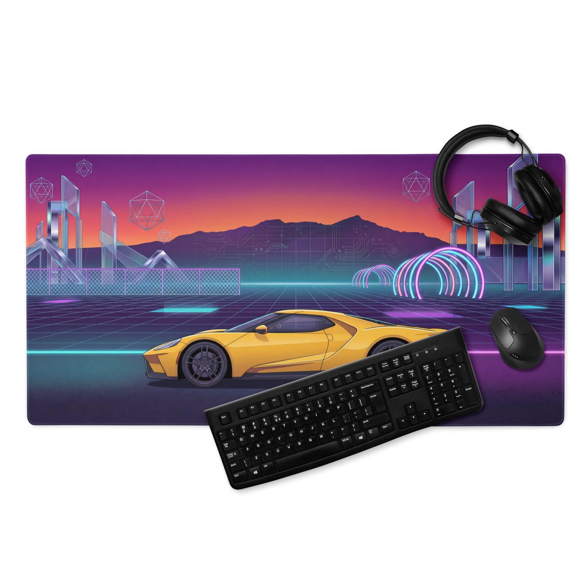 Ford GT Inspired Yellow Vaporwave Gaming Mouse Pad – Neon Cyber Grid Desk Mat, Retro Futuristic Mountain Sunset Supercar Digital Art