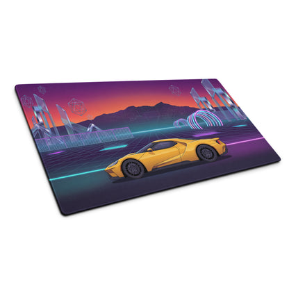 Ford GT Inspired Yellow Vaporwave Gaming Mouse Pad – Neon Cyber Grid Desk Mat, Retro Futuristic Mountain Sunset Supercar Digital Art