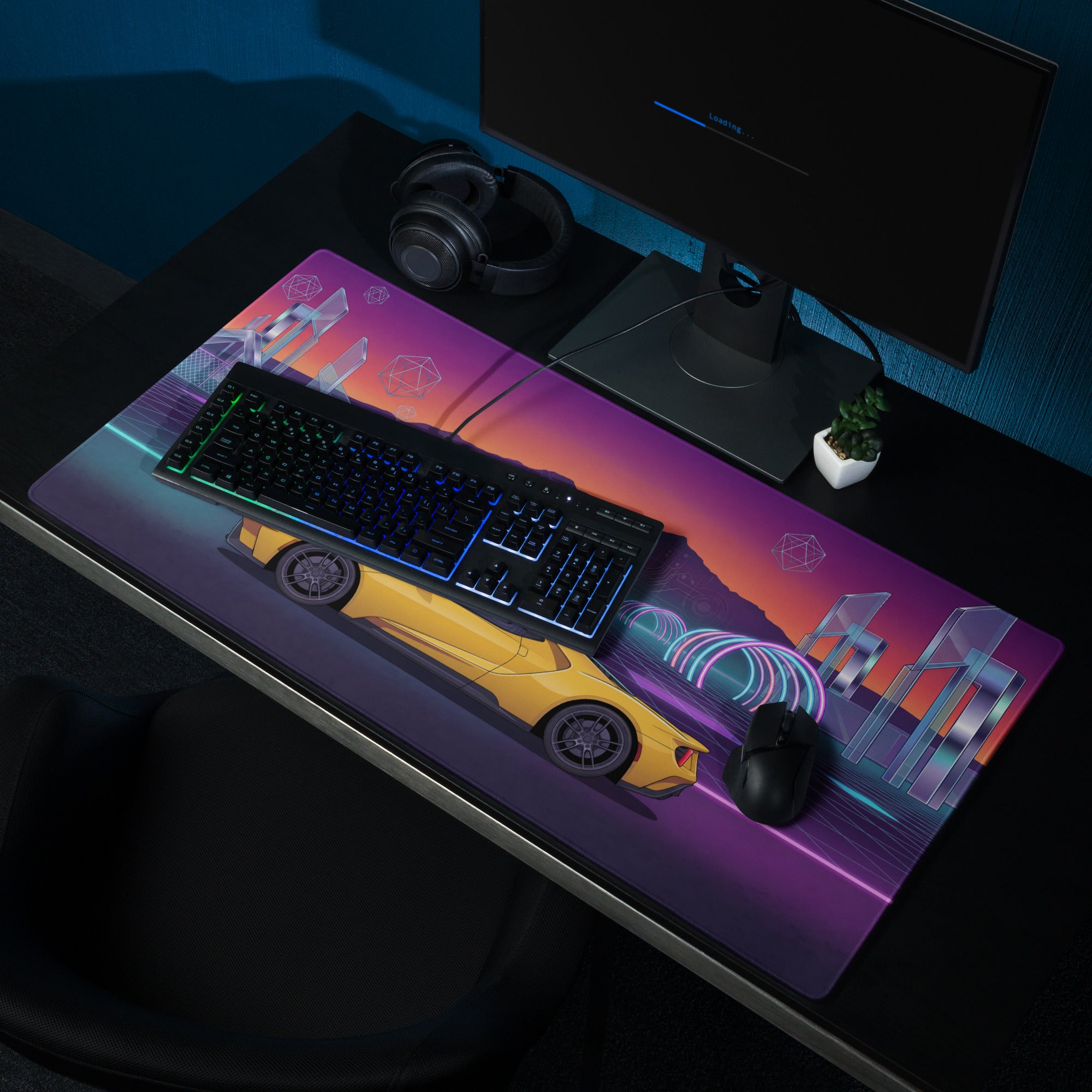 Ford GT Inspired Yellow Vaporwave Gaming Mouse Pad – Neon Cyber Grid Desk Mat, Retro Futuristic Mountain Sunset Supercar Digital Art