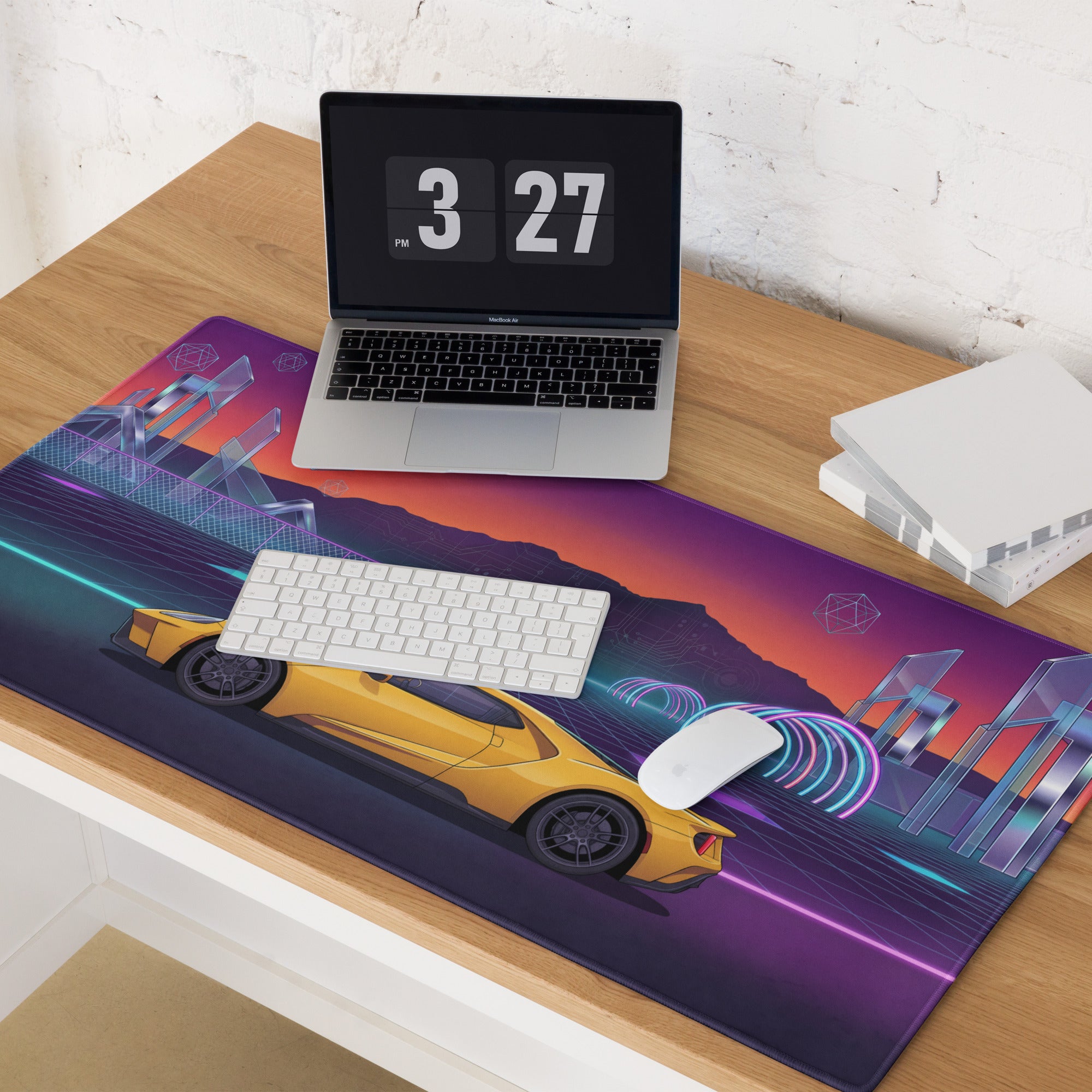 Ford GT Inspired Yellow Vaporwave Gaming Mouse Pad – Neon Cyber Grid Desk Mat, Retro Futuristic Mountain Sunset Supercar Digital Art