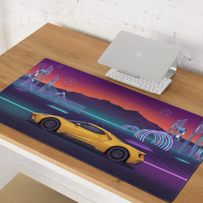 Ford GT Inspired Yellow Vaporwave Gaming Mouse Pad – Neon Cyber Grid Desk Mat, Retro Futuristic Mountain Sunset Supercar Digital Art