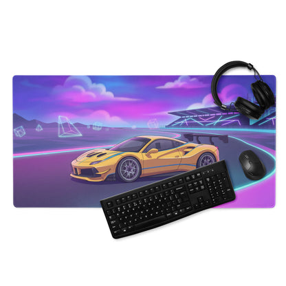 Ferrari 488 Challenge Evo Inspired Yellow Vaporwave Gaming Mouse Pad – Neon Racetrack Desk Mat, Retro Futuristic Synthwave Supercar Digital Art