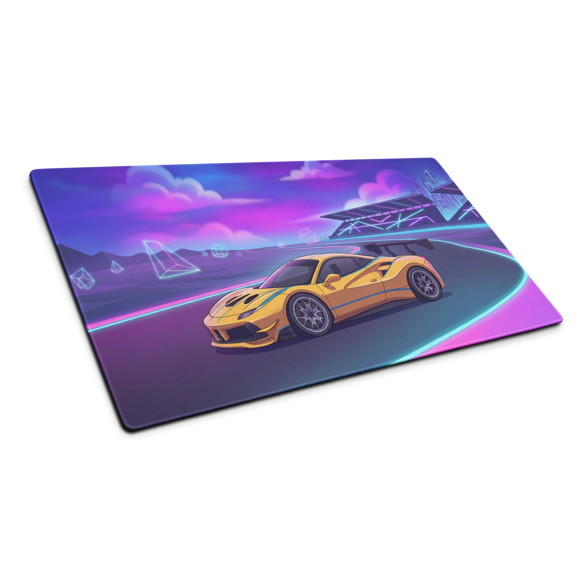 Ferrari 488 Challenge Evo Inspired Yellow Vaporwave Gaming Mouse Pad – Neon Racetrack Desk Mat, Retro Futuristic Synthwave Supercar Digital Art