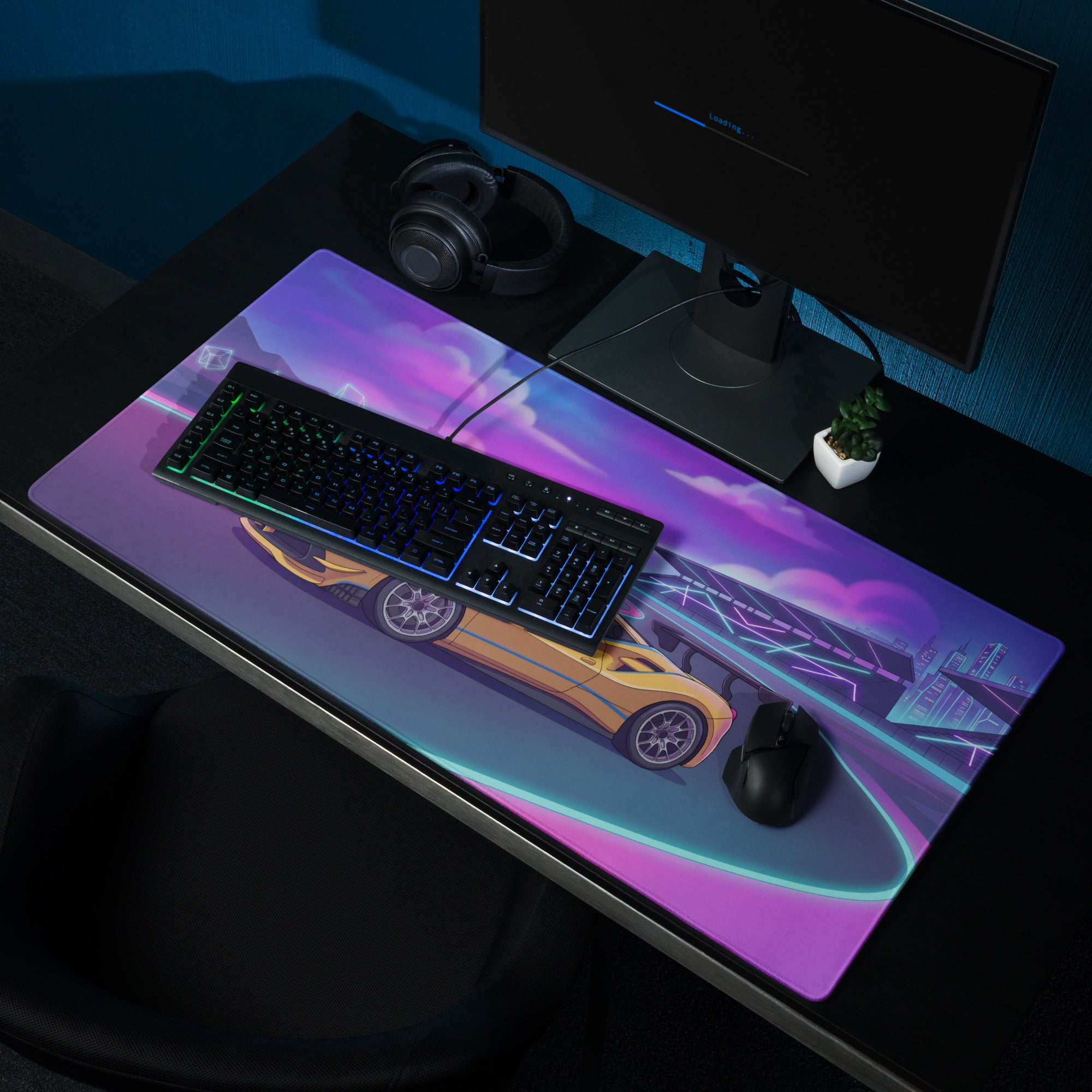 Ferrari 488 Challenge Evo Inspired Yellow Vaporwave Gaming Mouse Pad – Neon Racetrack Desk Mat, Retro Futuristic Synthwave Supercar Digital Art
