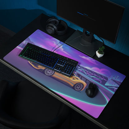 Ferrari 488 Challenge Evo Inspired Yellow Vaporwave Gaming Mouse Pad – Neon Racetrack Desk Mat, Retro Futuristic Synthwave Supercar Digital Art