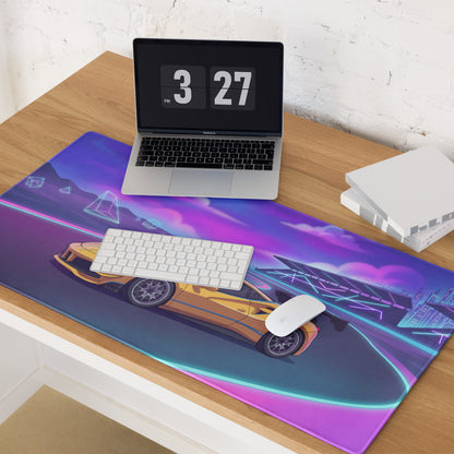 Ferrari 488 Challenge Evo Inspired Yellow Vaporwave Gaming Mouse Pad – Neon Racetrack Desk Mat, Retro Futuristic Synthwave Supercar Digital Art