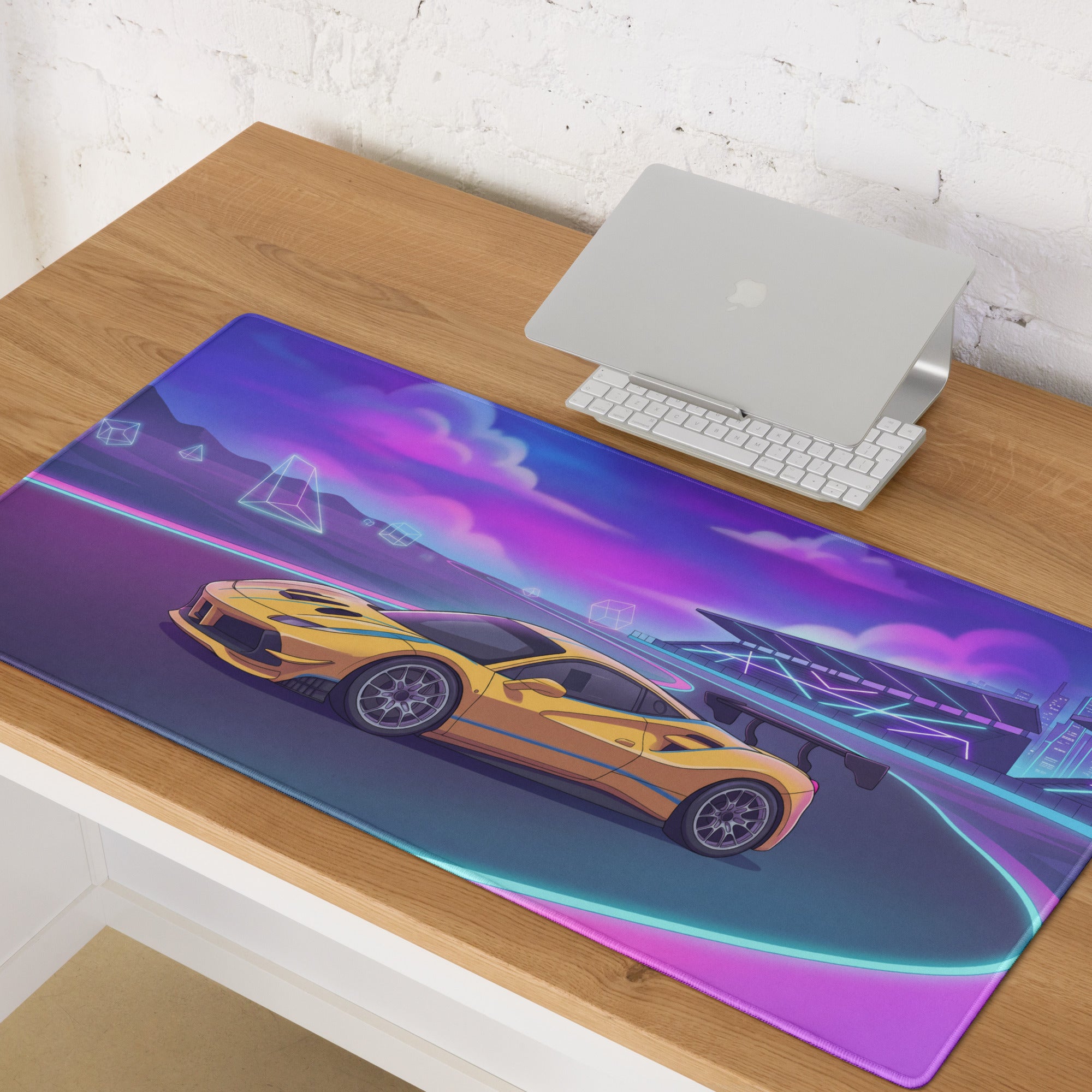 Ferrari 488 Challenge Evo Inspired Yellow Vaporwave Gaming Mouse Pad – Neon Racetrack Desk Mat, Retro Futuristic Synthwave Supercar Digital Art