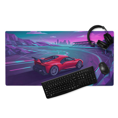 Ferrari SF90 XX Stradale Inspired Red Vaporwave Gaming Mouse Pad – Neon Cyber Racetrack Desk Mat, Retro Futuristic Synthwave Supercar Digital Art