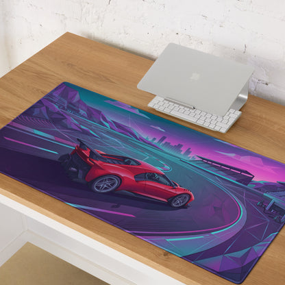 Ferrari SF90 XX Stradale Inspired Red Vaporwave Gaming Mouse Pad – Neon Cyber Racetrack Desk Mat, Retro Futuristic Synthwave Supercar Digital Art