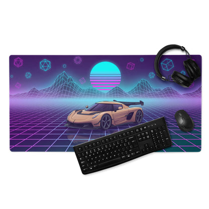 Koenigsegg Jesko Inspired Champagne Vaporwave Gaming Mouse Pad – Neon Grid Mountain Desk Mat, Retro Futuristic Synthwave Hypercar Digital Art
