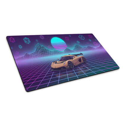 Koenigsegg Jesko Inspired Champagne Vaporwave Gaming Mouse Pad – Neon Grid Mountain Desk Mat, Retro Futuristic Synthwave Hypercar Digital Art