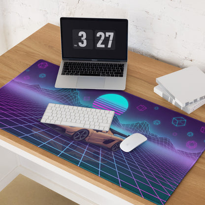 Koenigsegg Jesko Inspired Champagne Vaporwave Gaming Mouse Pad – Neon Grid Mountain Desk Mat, Retro Futuristic Synthwave Hypercar Digital Art