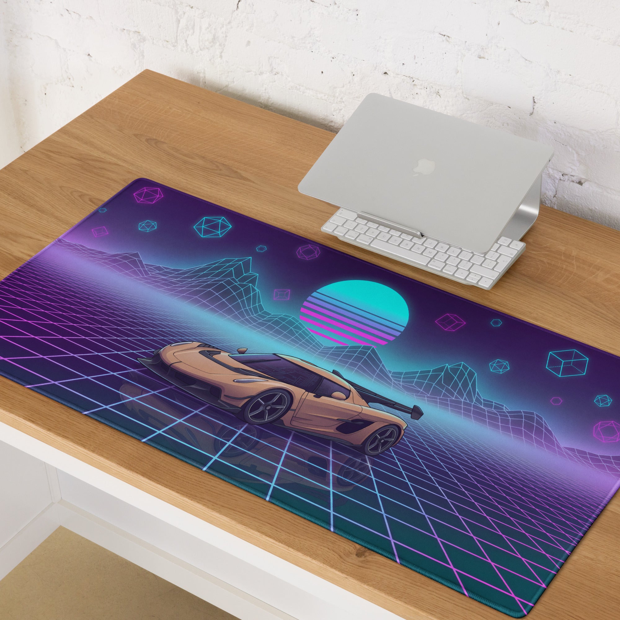 Koenigsegg Jesko Inspired Champagne Vaporwave Gaming Mouse Pad – Neon Grid Mountain Desk Mat, Retro Futuristic Synthwave Hypercar Digital Art