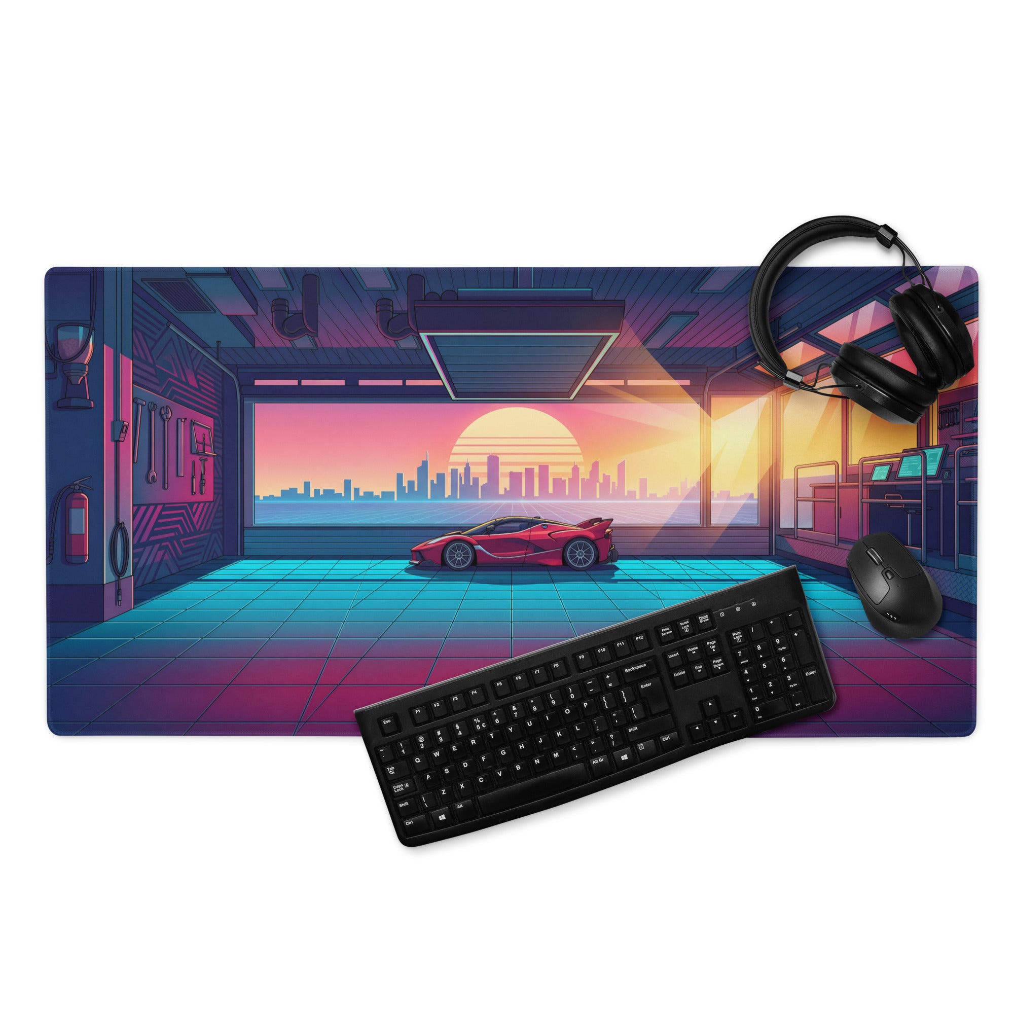 Ferrari FXX-K Evo Inspired Red Vaporwave Gaming Mouse Pad – Neon Sunset Garage Desk Mat, Retro Futuristic Synthwave Hypercar Digital Art