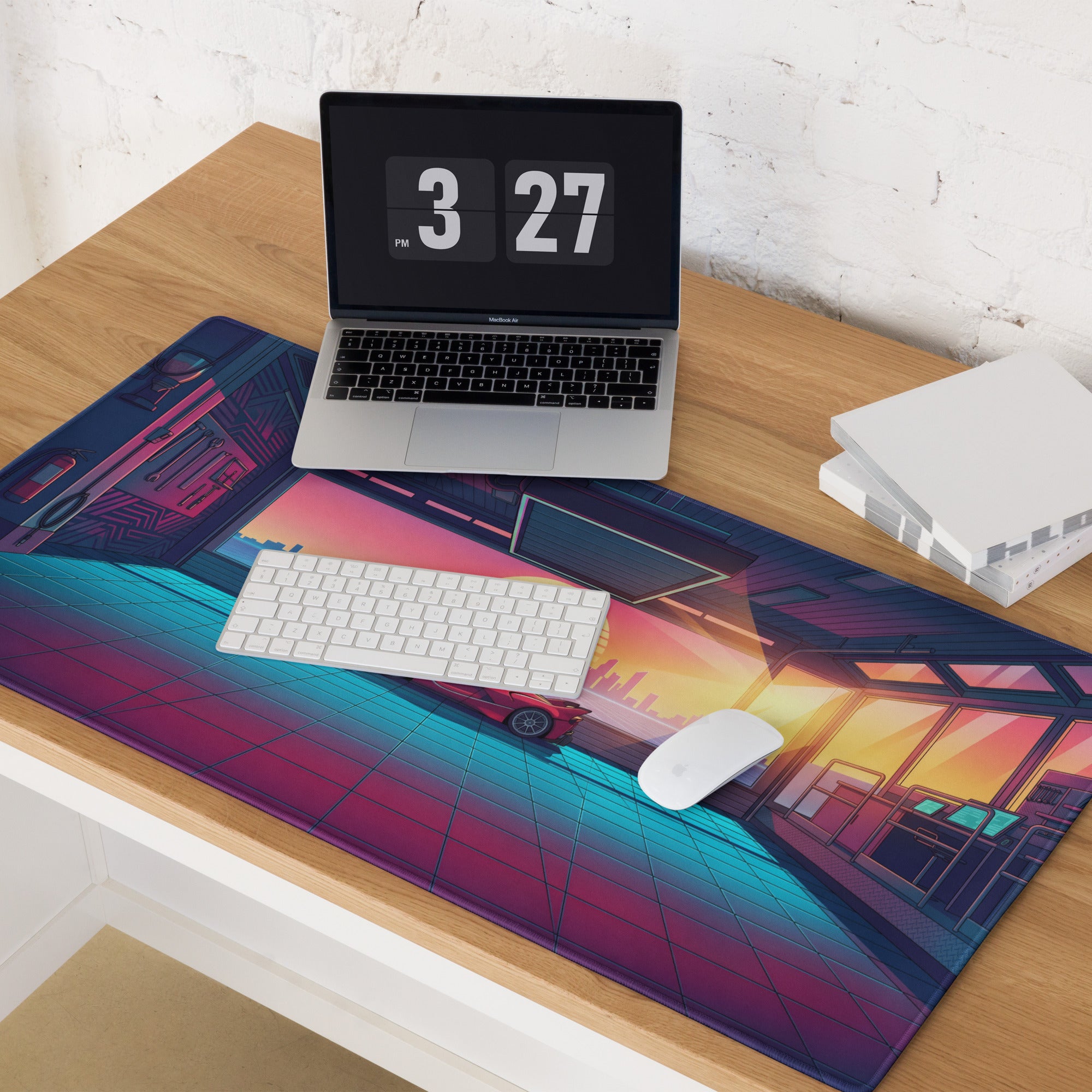 Ferrari FXX-K Evo Inspired Red Vaporwave Gaming Mouse Pad – Neon Sunset Garage Desk Mat, Retro Futuristic Synthwave Hypercar Digital Art