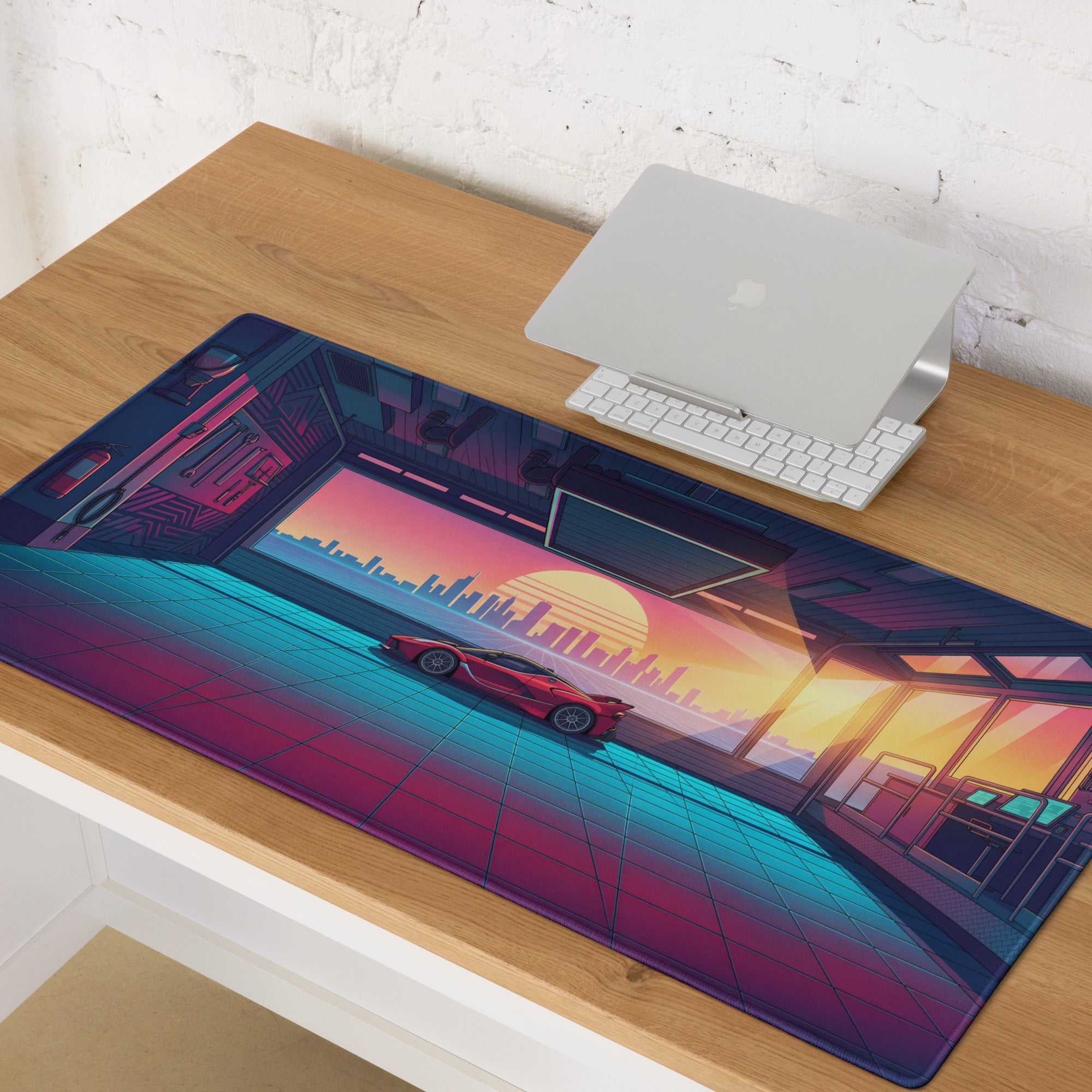 Ferrari FXX-K Evo Inspired Red Vaporwave Gaming Mouse Pad – Neon Sunset Garage Desk Mat, Retro Futuristic Synthwave Hypercar Digital Art