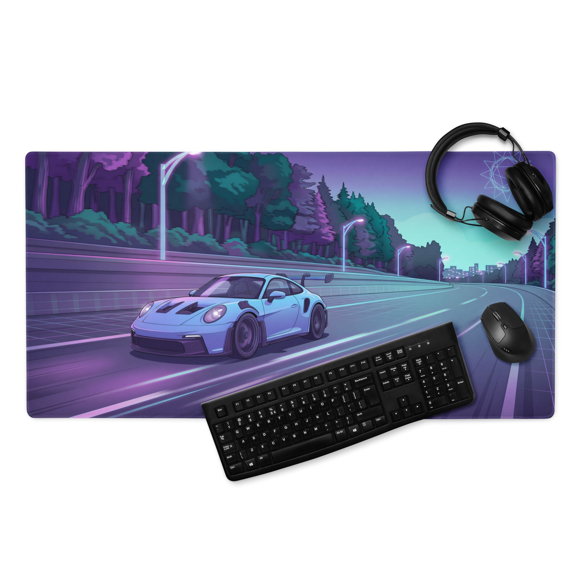 Porsche 911 GT3 RS Inspired Ice Blue Vaporwave Gaming Mouse Pad – Neon Forest Highway Desk Mat, Retro Futuristic Synthwave Sports Car Digital Art