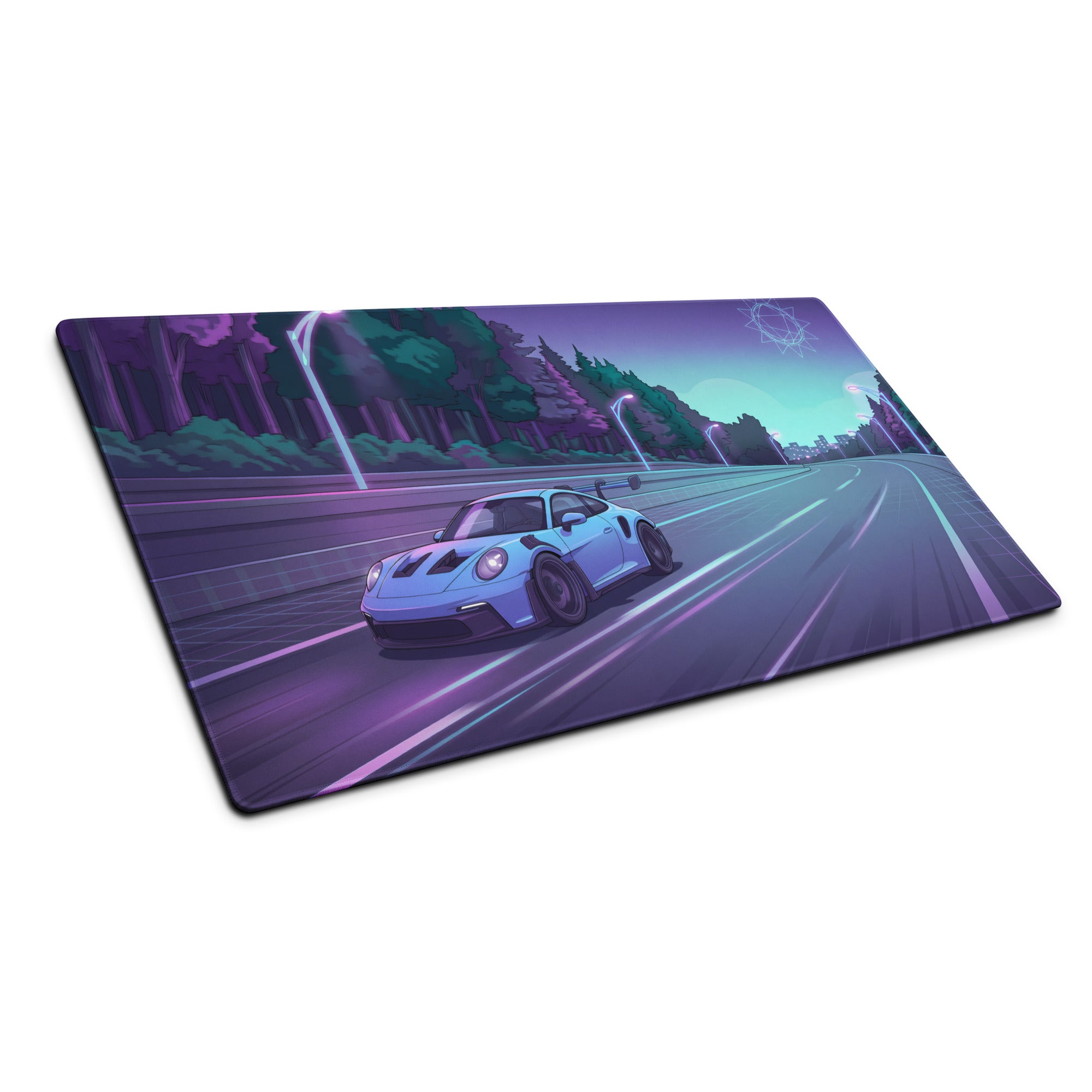 Porsche 911 GT3 RS Inspired Ice Blue Vaporwave Gaming Mouse Pad – Neon Forest Highway Desk Mat, Retro Futuristic Synthwave Sports Car Digital Art