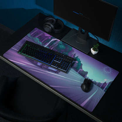 Porsche 911 GT3 RS Inspired Ice Blue Vaporwave Gaming Mouse Pad – Neon Forest Highway Desk Mat, Retro Futuristic Synthwave Sports Car Digital Art