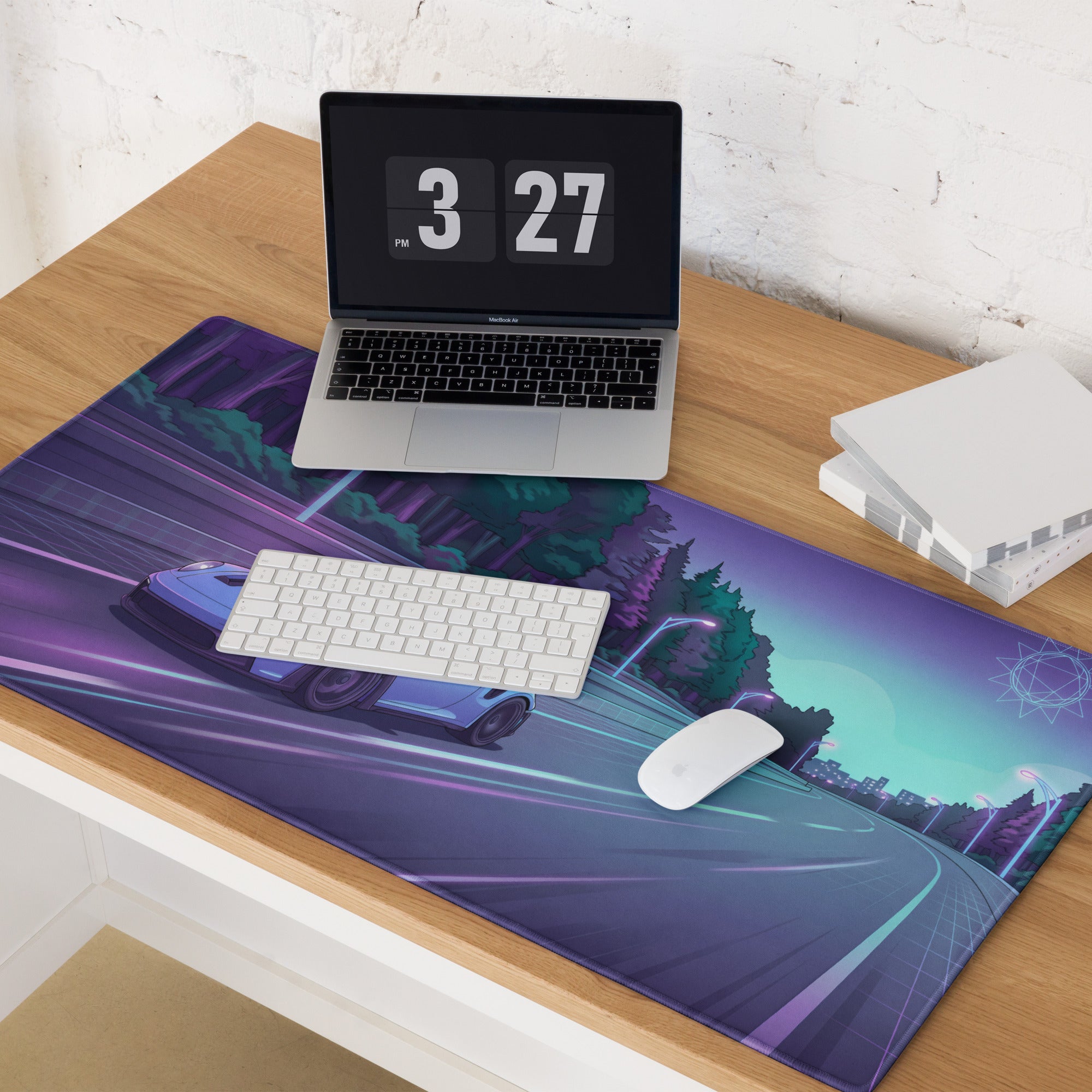 Porsche 911 GT3 RS Inspired Ice Blue Vaporwave Gaming Mouse Pad – Neon Forest Highway Desk Mat, Retro Futuristic Synthwave Sports Car Digital Art