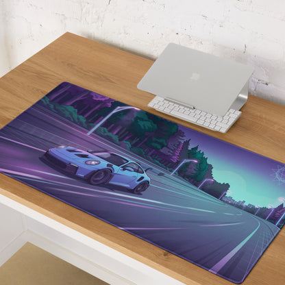 Porsche 911 GT3 RS Inspired Ice Blue Vaporwave Gaming Mouse Pad – Neon Forest Highway Desk Mat, Retro Futuristic Synthwave Sports Car Digital Art