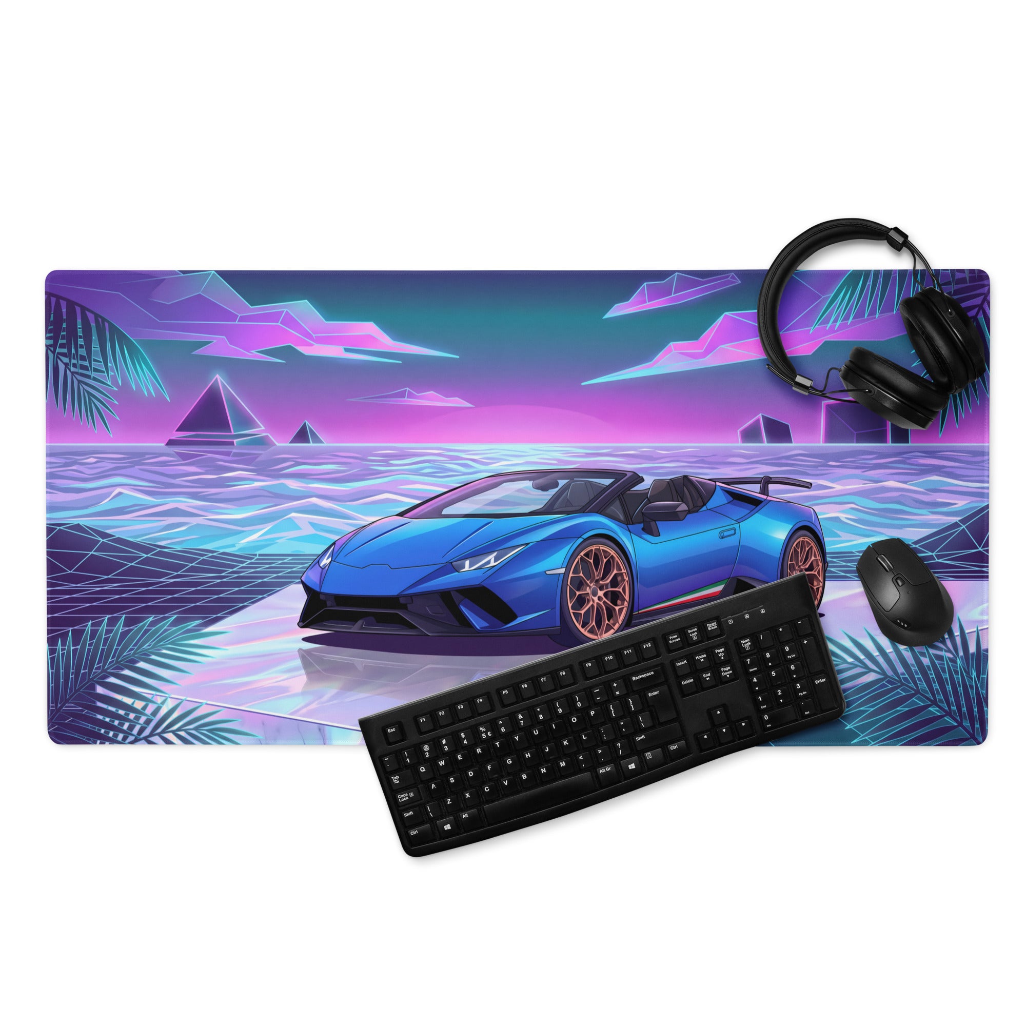 Lamborghini Huracán Performante Spyder Inspired Blue Vaporwave Gaming Mouse Pad – Neon Tropical Ocean Desk Mat, Retro Futuristic Synthwave Supercar Art