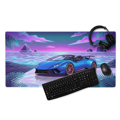 Lamborghini Huracán Performante Spyder Inspired Blue Vaporwave Gaming Mouse Pad – Neon Tropical Ocean Desk Mat, Retro Futuristic Synthwave Supercar Art
