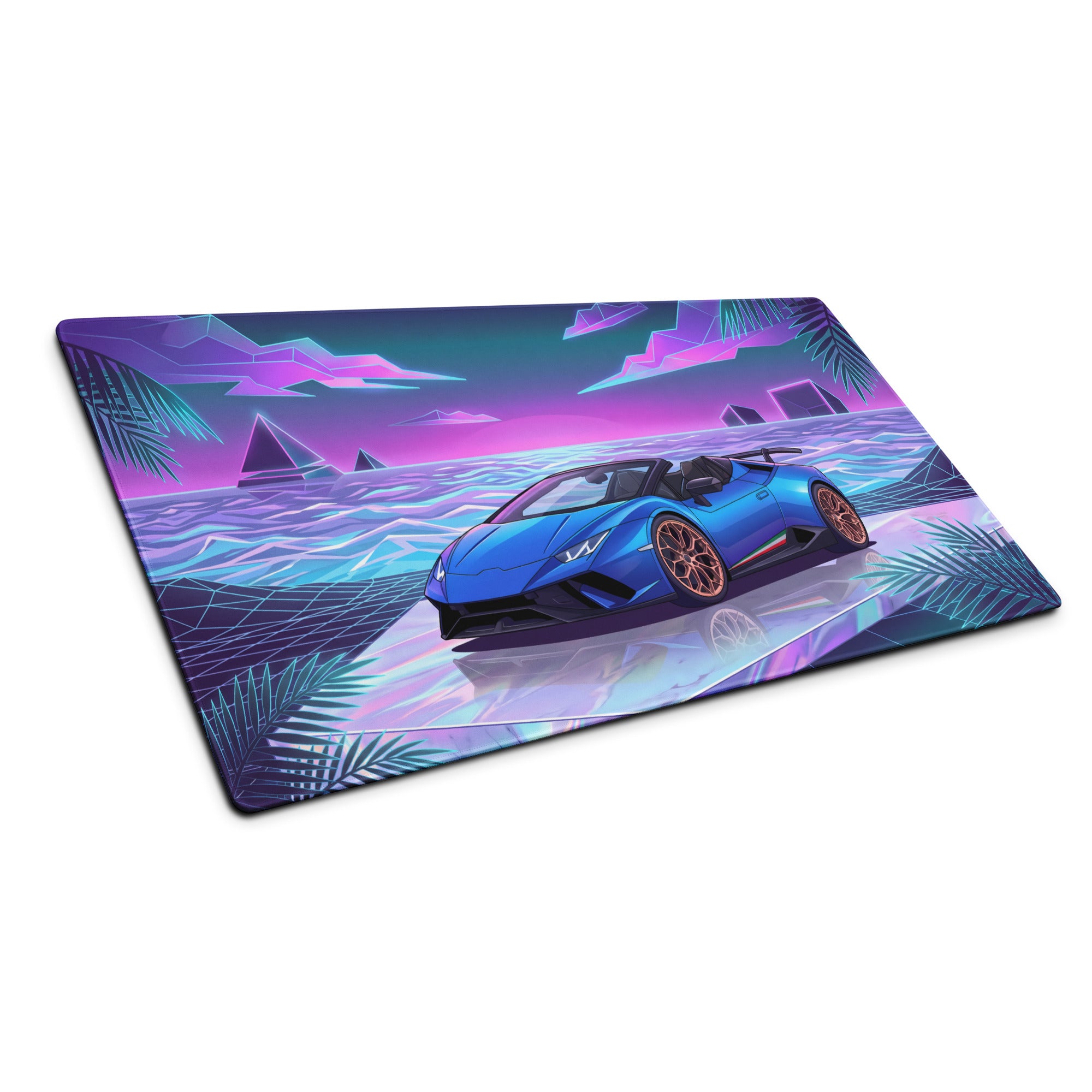 Lamborghini Huracán Performante Spyder Inspired Blue Vaporwave Gaming Mouse Pad – Neon Tropical Ocean Desk Mat, Retro Futuristic Synthwave Supercar Art