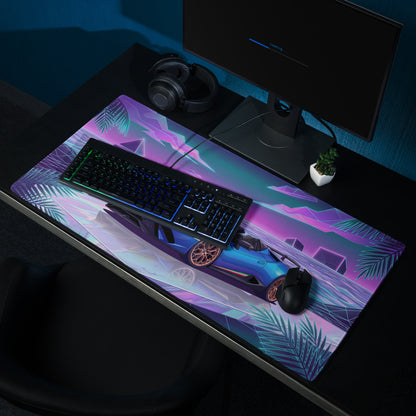 Lamborghini Huracán Performante Spyder Inspired Blue Vaporwave Gaming Mouse Pad – Neon Tropical Ocean Desk Mat, Retro Futuristic Synthwave Supercar Art