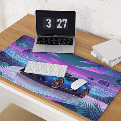 Lamborghini Huracán Performante Spyder Inspired Blue Vaporwave Gaming Mouse Pad – Neon Tropical Ocean Desk Mat, Retro Futuristic Synthwave Supercar Art