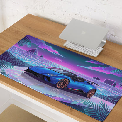 Lamborghini Huracán Performante Spyder Inspired Blue Vaporwave Gaming Mouse Pad – Neon Tropical Ocean Desk Mat, Retro Futuristic Synthwave Supercar Art